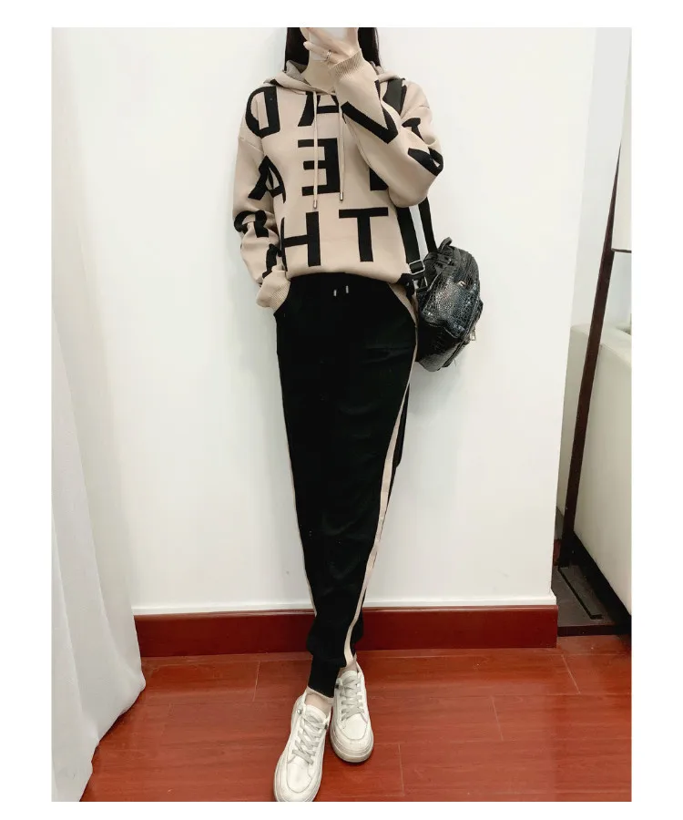 

Autumn Women 2 Pieces Sets Fashion Casual Hoodie Outfits Letter Print Patchwork Loose Knitted Sweater Sports Pants Suits