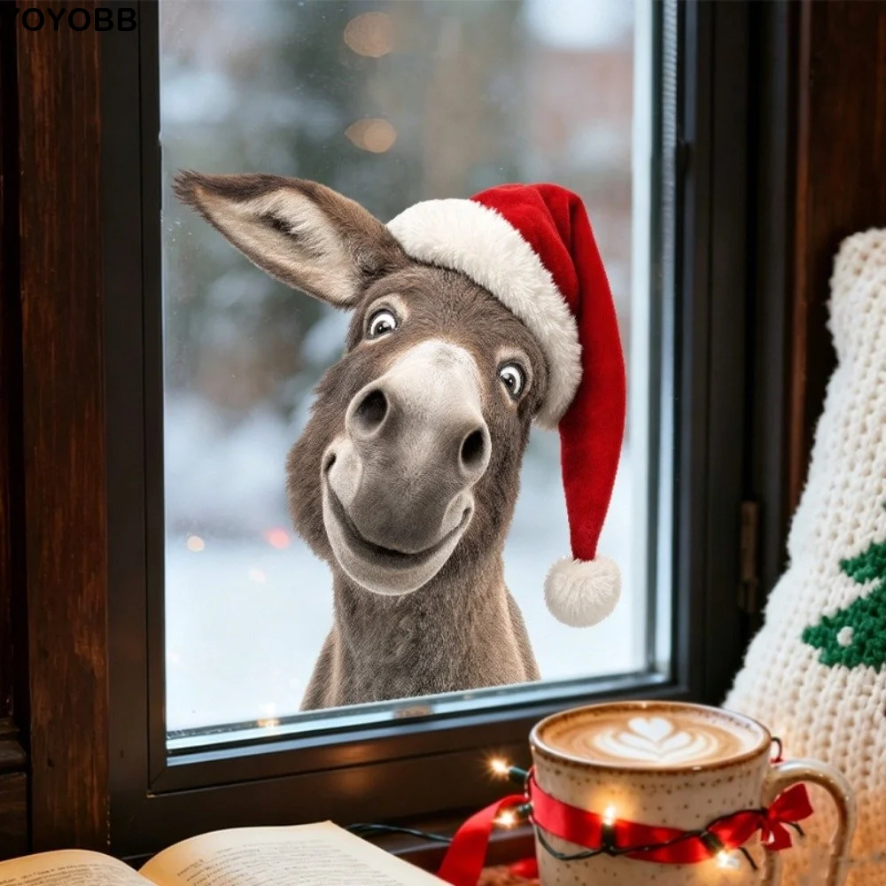 Cartoon Christmas Donkey Window Cling Santa Hat Self-Adhesive Holiday Glass Wall Sticker Aesthetic Waterproof