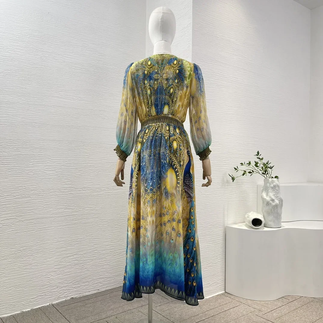 2024 New Blue Yellow 3/4 Sleeve Peacock Print V Neck Midi Dress