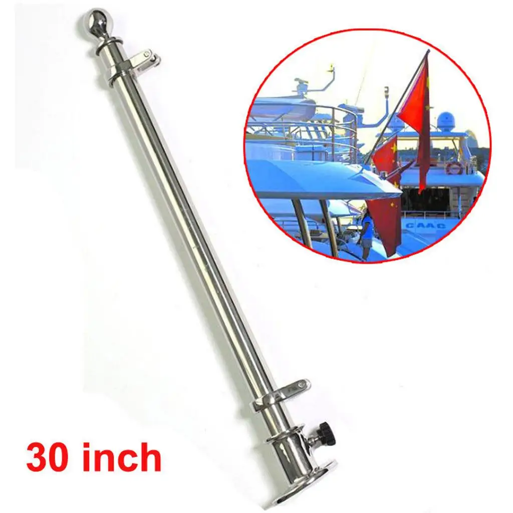 Stainless Steel 316 Marine Boat Flag Staff 30 Inch Mirror Polish Deck Pole with Socket Base for Yachts Fishing and Leisure