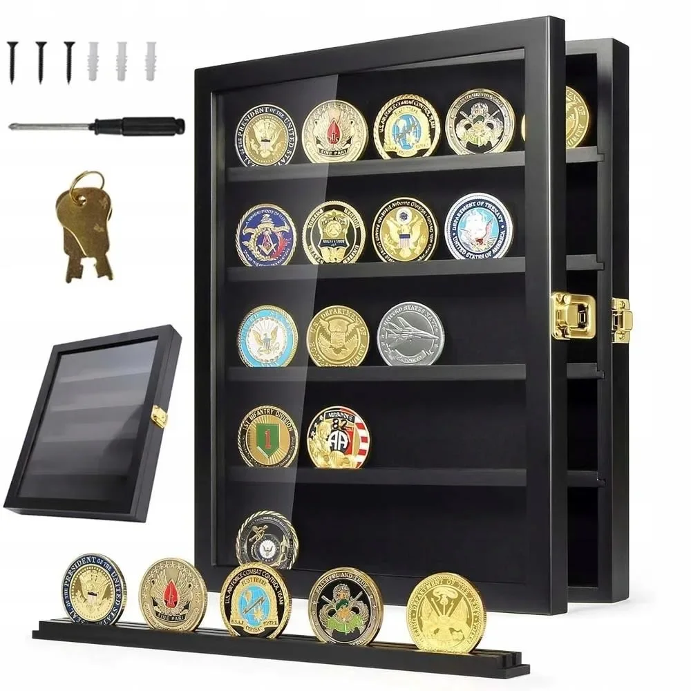Vitrine portable pour pièces de sport, vitrine de collection pour pièces commémoratives, boîte de présentation pour pièces de défi, vitrine à 5 niveaux avec serrure vintage et design transparent pour pièces, médailles et insignes.