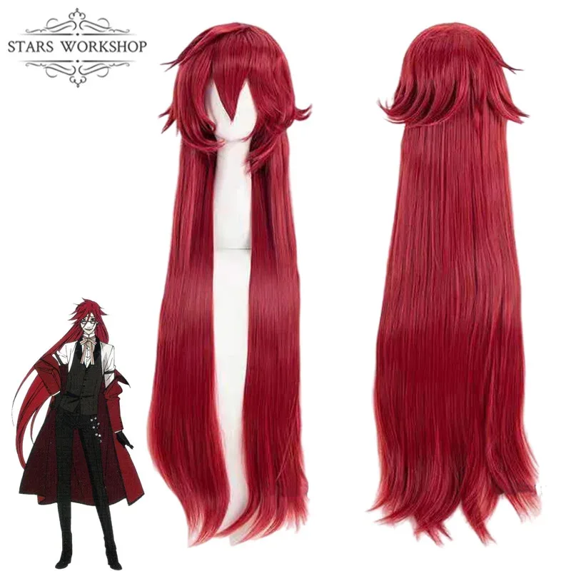 qq681Anime Black Butler Death Shinigami Grell Sutcliff disfraces Cosplay mujeres hombres gabardina roja abrigo largo chaqueta Halloween carnaval