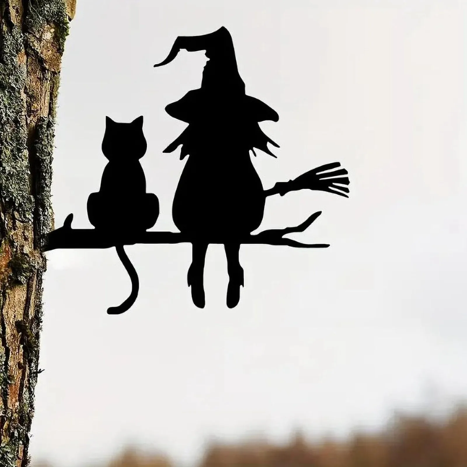 Metal Iron Silhouette Cute Witch Cat Garden Stake on the Branch Yard Art Decor Tree Stump Plug-in Yard Garden Wall Decor