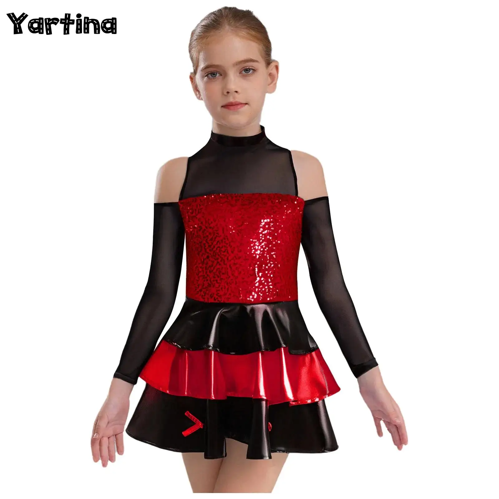 キッズガールズヒップホップジャズ社交ダンスパフォーマンスコスチューム長袖光沢のあるスパンコールティアードフリルバレエダンスドレスダンスウェア