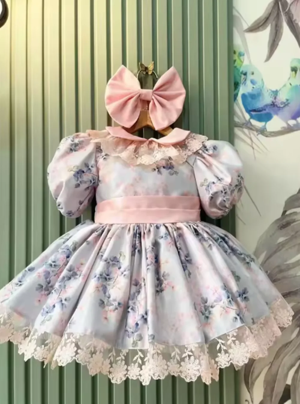 

Baby Girl Summer Flower Printed Blue Turkish Vintage Lolita Princess Ball Gown Dress for Birthday Holiday Eid Photography