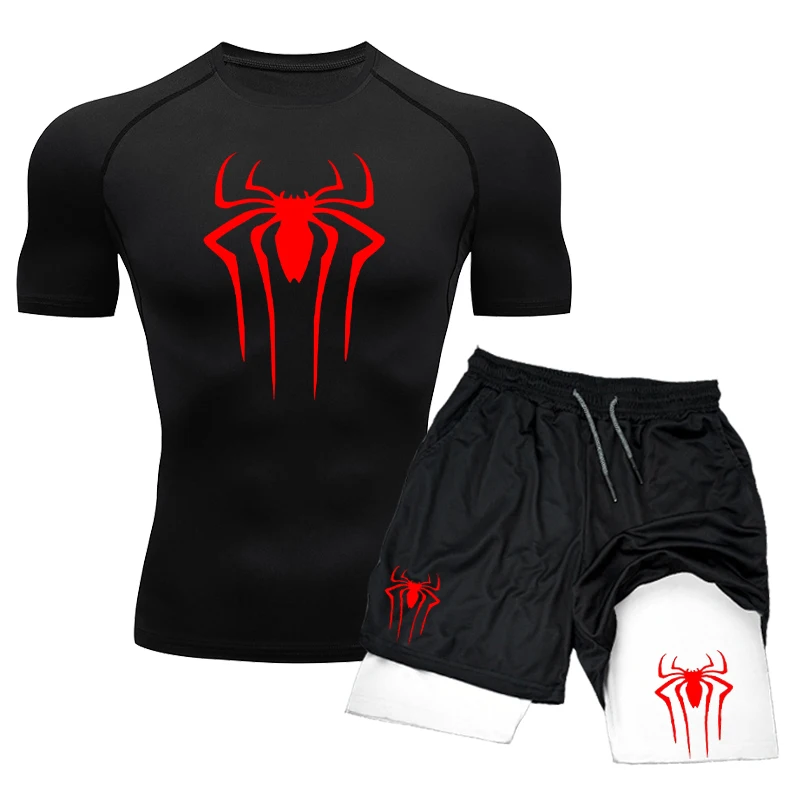 Camisa de compresión de entrenamiento para hombre, camisetas de gimnasio con estampado de araña, pantalones cortos transpirables para correr,