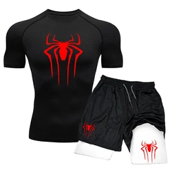 Men's Workout Compression Shirt Spider Printed Gym Tshirts Breathable Running Shorts Quick Dry Sports Rash Guard Sportwear Set