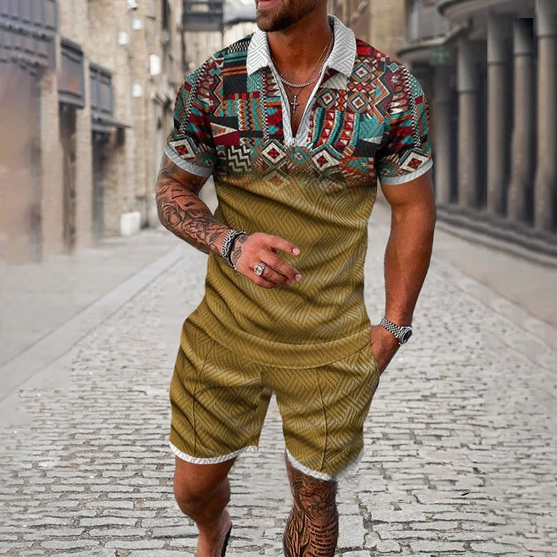 Men's Classic Print Two Piece Sets Summer Outdoor Urban Street Casual Zipper Polo Shirt Outfit Retro Simple Breathable Male Suit - Image 3