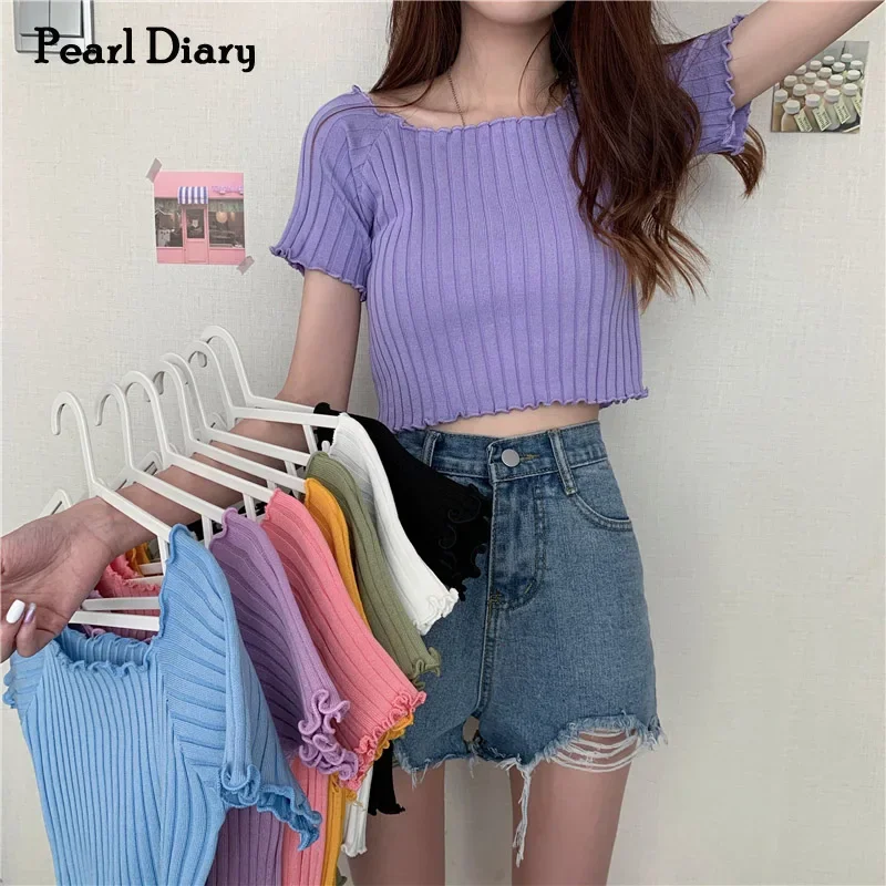 Pearl Diary Women Summer Crop Tops Knitting Rib Slim Fit Lettuce Edge Cute Knitted Tees Short Sleeve Ruffle Hem Girl Top New