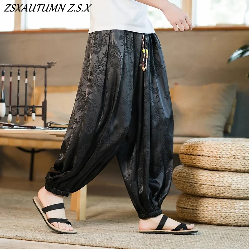 Black Chinese Style Men's Dragon Pattern Retro Harem Pants Vintage Sweatpants Men's Hip-hop Street Beat Harajuku Casual Pants