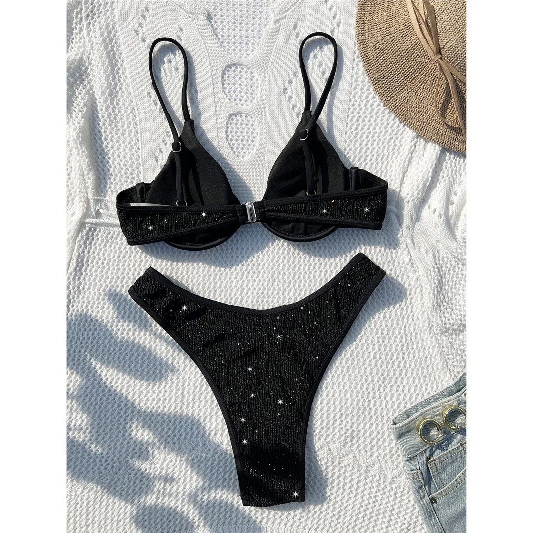 Glänzender, funkelnder, mit Bügel verstärkter brasilianischer Bikini, Damen-Badeanzug, zweiteiliges Bikini-Set, Damen-Badebekleidung, Badeanzug, Schwimmbekleidung V4479 – Detail 11