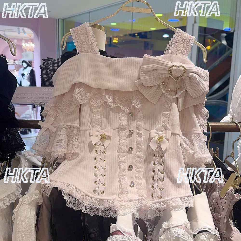 Japanese Liz Bows One-line Collar Shirt Sweet Girl Off-shoulder Knitting Short-sleeve Tshirt Tops Summer Womens Tops and Blouses
