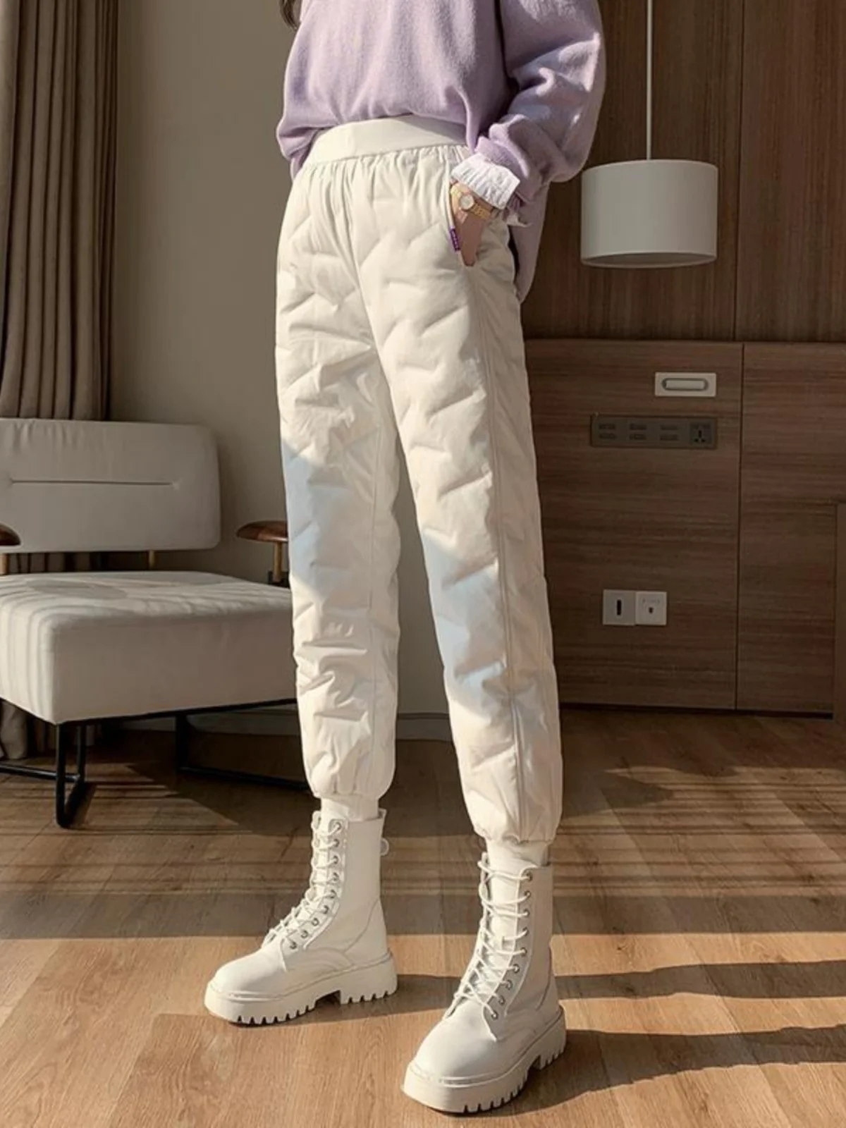 

Women's Down Cotton Pants 2023 Winter New Plus Plush Thickened Elastic Waist Warm Cotton Pants Fashion Commuter Trousers Trend