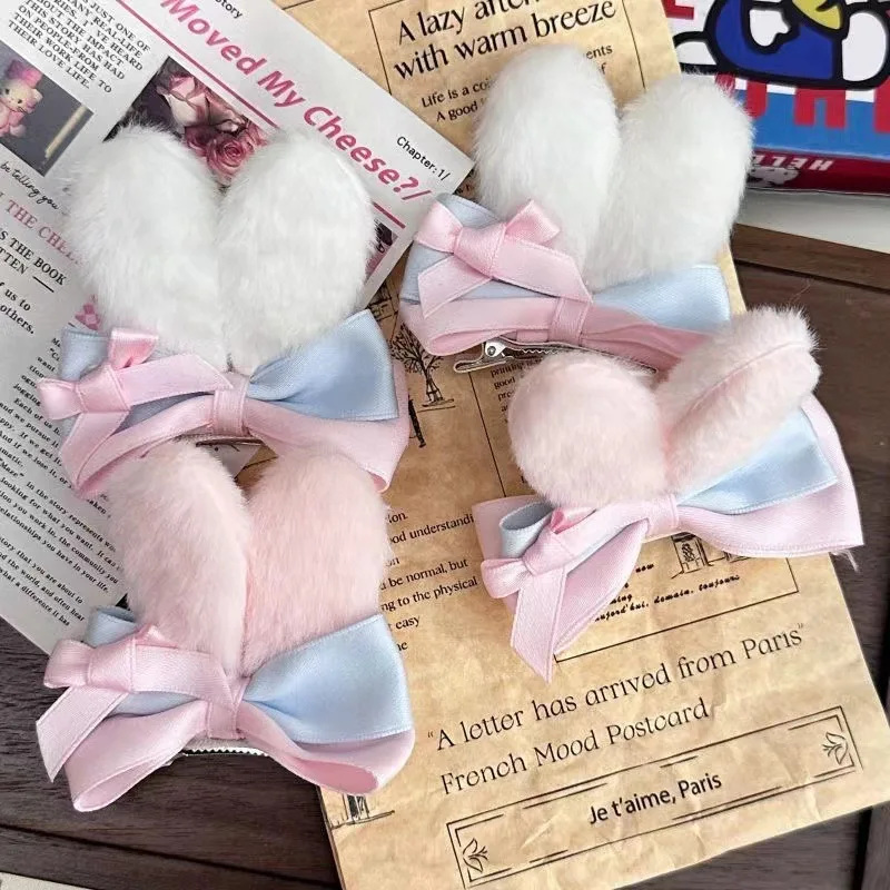 1 Pair Cute Rabbit Hairpins for Girls Sweet Pink Blue Bow Cute Fluffy Bunny Ear Hairpins Children Hair Accessories