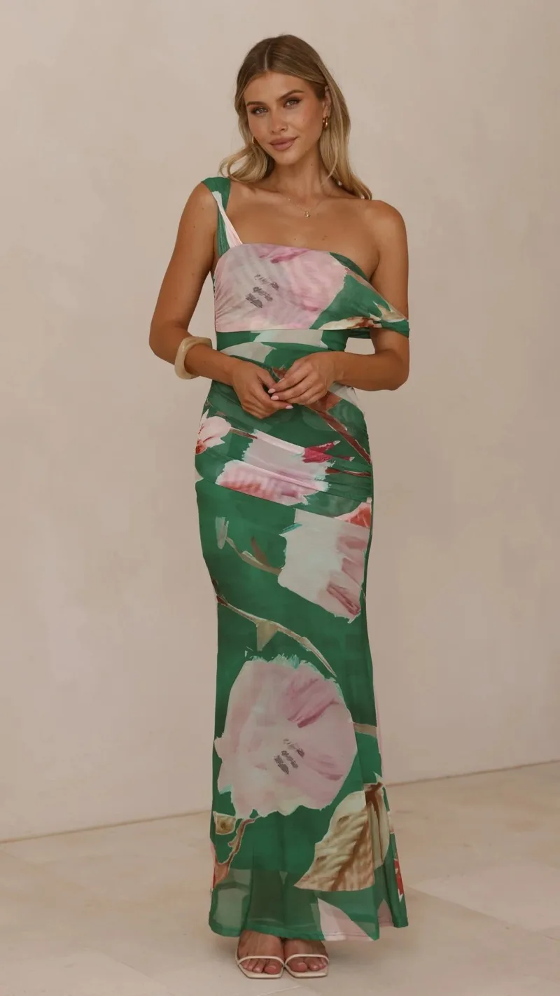 Damen Blumen-Mesh Hochzeitsgastkleid Midi Maxi Kleid Einschultriges Gefaltetes Gerafftes Bodycon Langes Kleid Sommer Strand Urlaub Party Sommerkleid – Detail 14