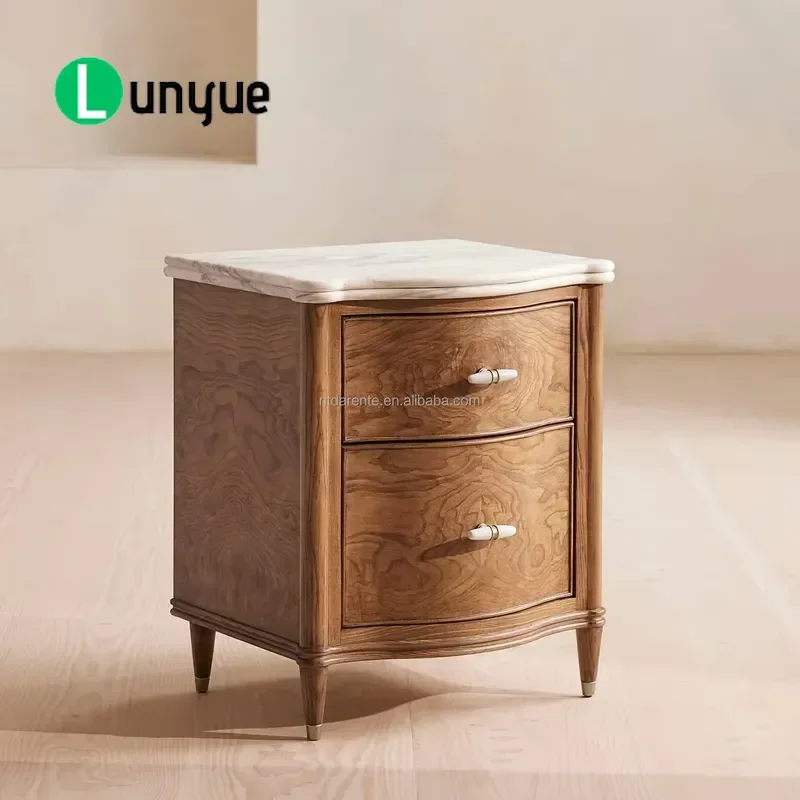 American Retro Wood Bedside Table Double Marble Top Handmade Side Cabinet with Marble Handle Vintage Nightstand for Bedroom