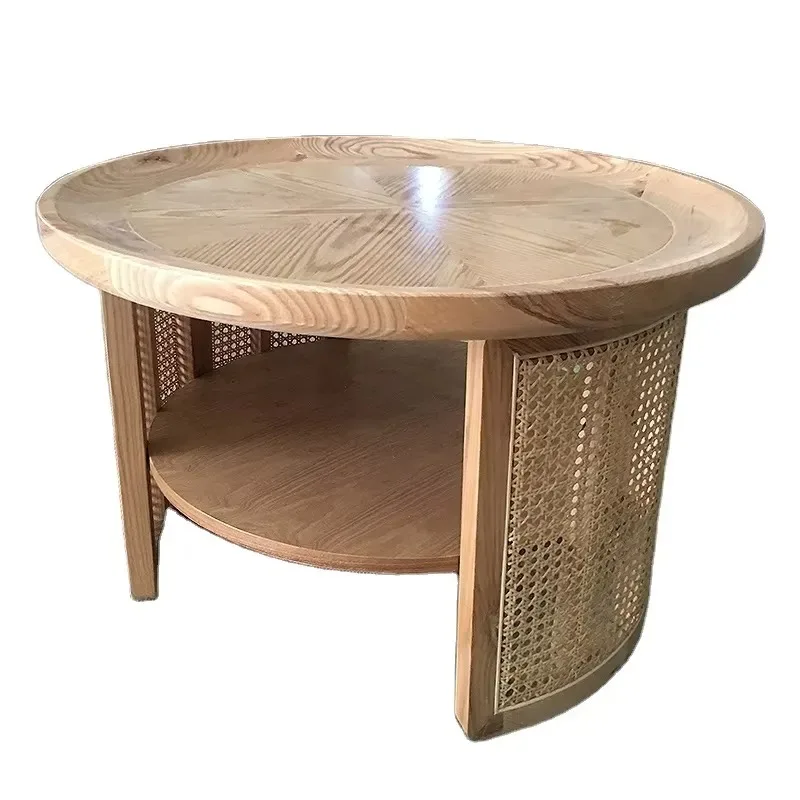 Modern Round Natural Rattan Wood Coffee Table for Dining Room Apartment Living Room Furniture