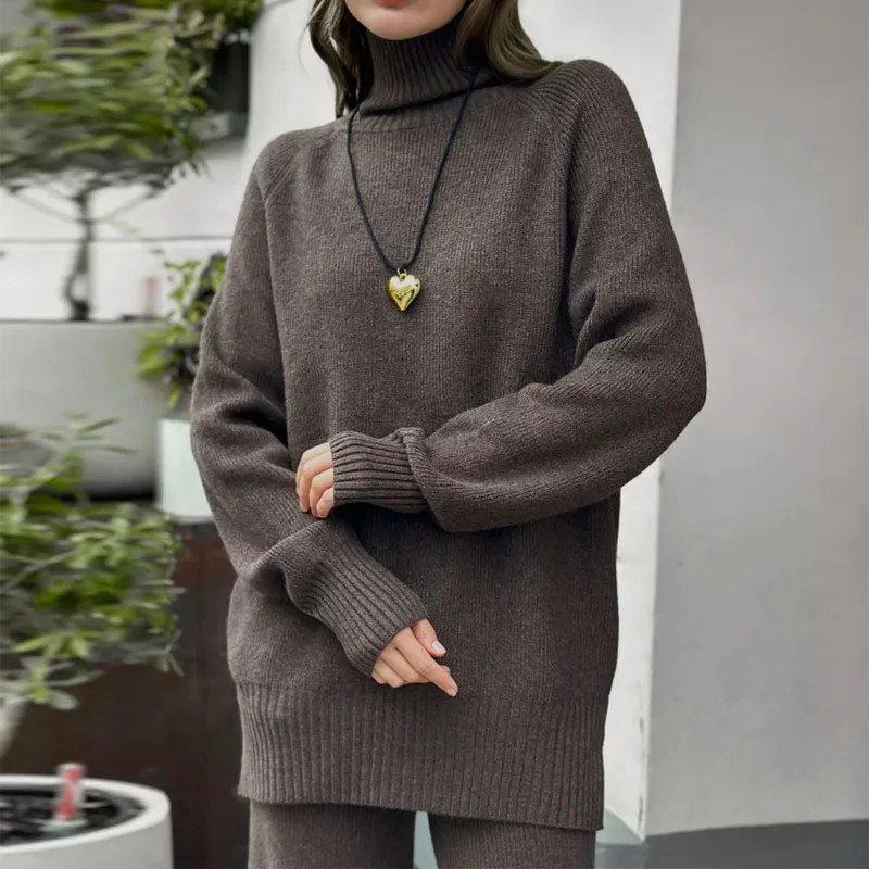 

New High Collar Sweater Wide Leg Pants Two Piece Set fashion Knitted Suit Women