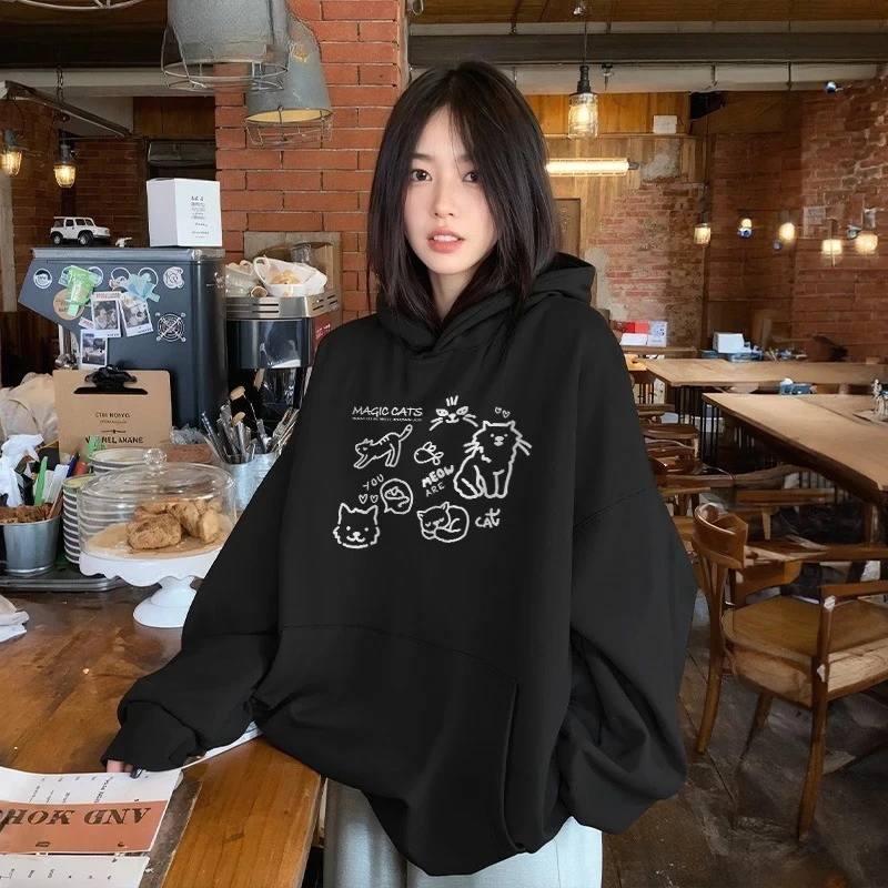 لطيف القط طباعة هوديس المرأة خريف شتاء 2025 موضة جديدة الشارع فضفاض عادية الكنغر الحقيبة البلوز Y2K ملابس Kawaii #3