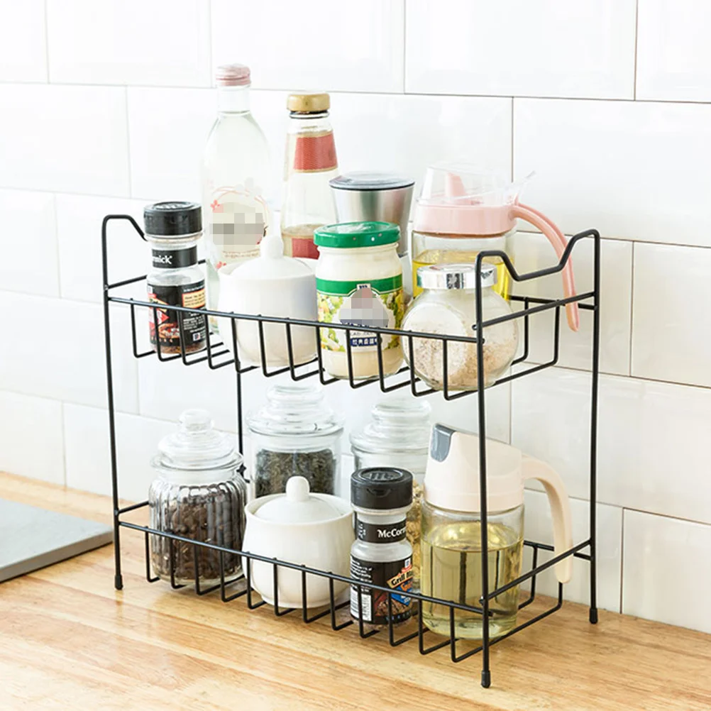 

Hollow Bottom 2 Layers Spice Storage Rack Seasoning Bottle Shelf Black Kitchen Organizer Multiuse Home Decor Gift