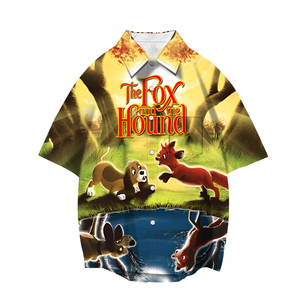 Disney The Fox and the Hound Boys Girls 3D Shirts Cartoon Lapel Short Sleeve Casual Button Loose Shirt Men Women Street Tops