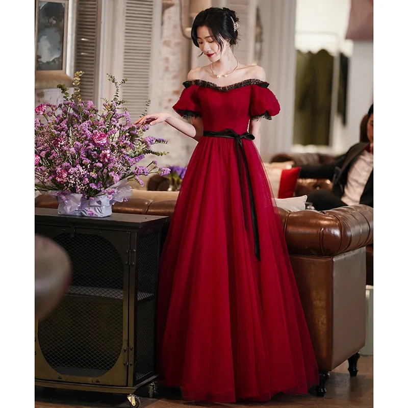 

Elegant Burgundy Party Wedding Dresses Women Long A Line Simple Birthday Off-shoulder Prom Gowns Toast Clothing Vestidos