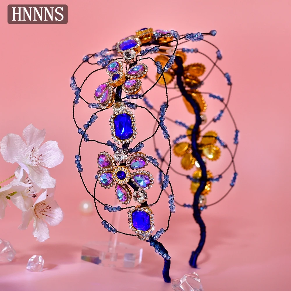 

HNNNS Vintage Girl Headband Blue Rhinestone Flowers Headpiece Elegant Trendy Headdress Bride Wedding Dress Hair Accessories A144