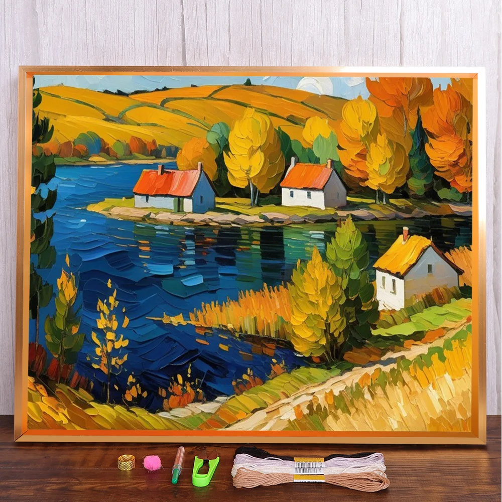 Scenery House By River Cross-Stitch Embroidery Complete Kit Sewing Handicraft Needlework Painting Stamped Home Decor Design