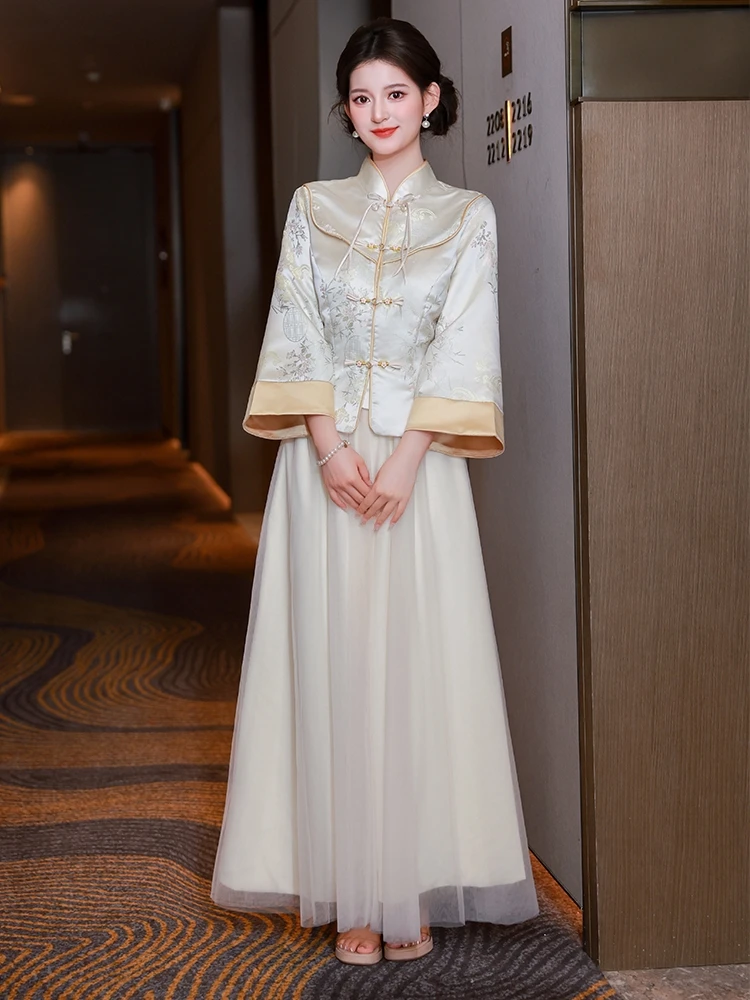 

New Chinese Sle Maids Dr Hanfu Long Sve Autumn Winter Wedding Ceremony Fem Engagement Par Wear High Waist Bell S...