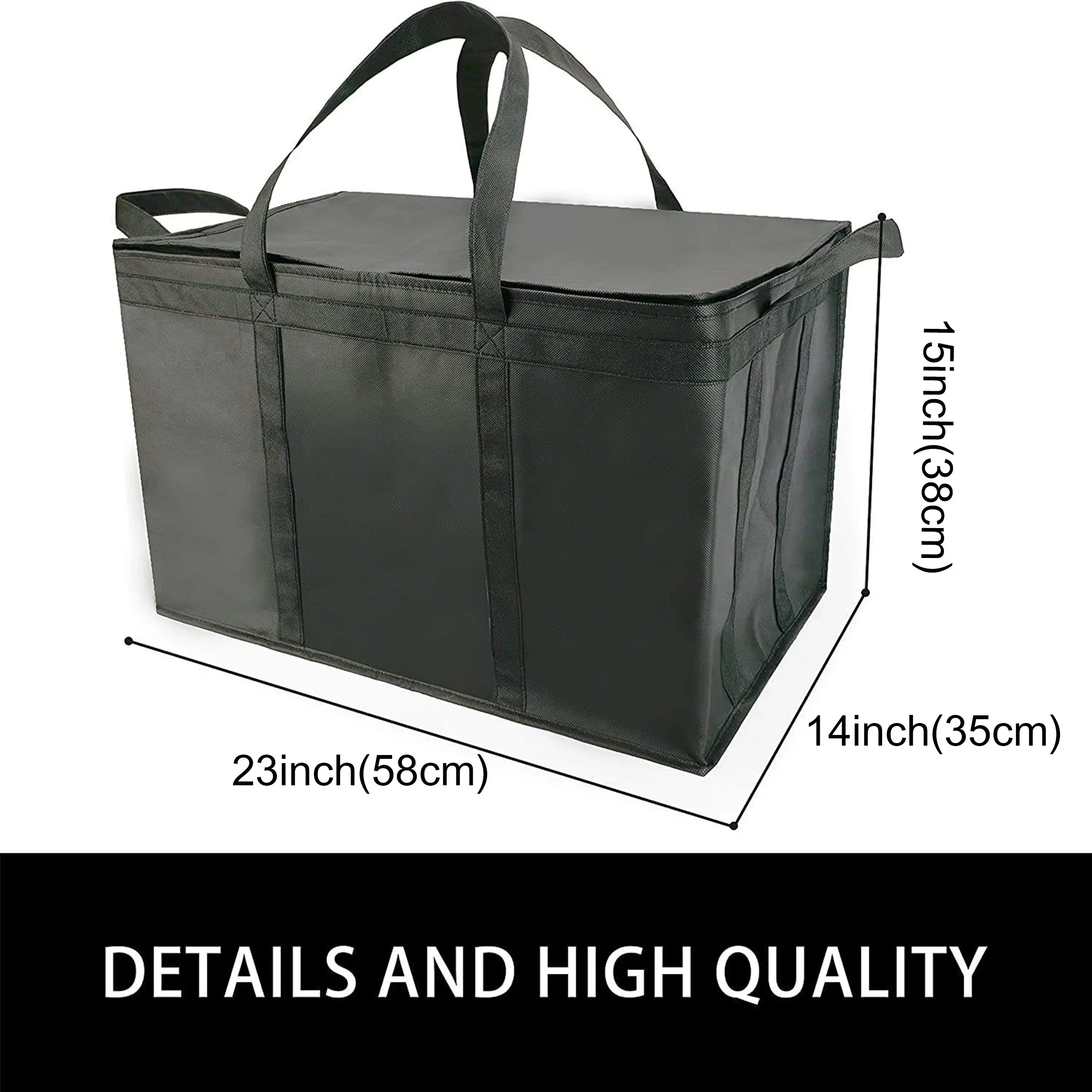 1pc Black Large  (23 X 14 X 15 Inches) Reusable Foldable Insulated Food Bag, Food Delivery Bag, Pizza Takeout Bag, Zipped Zipper