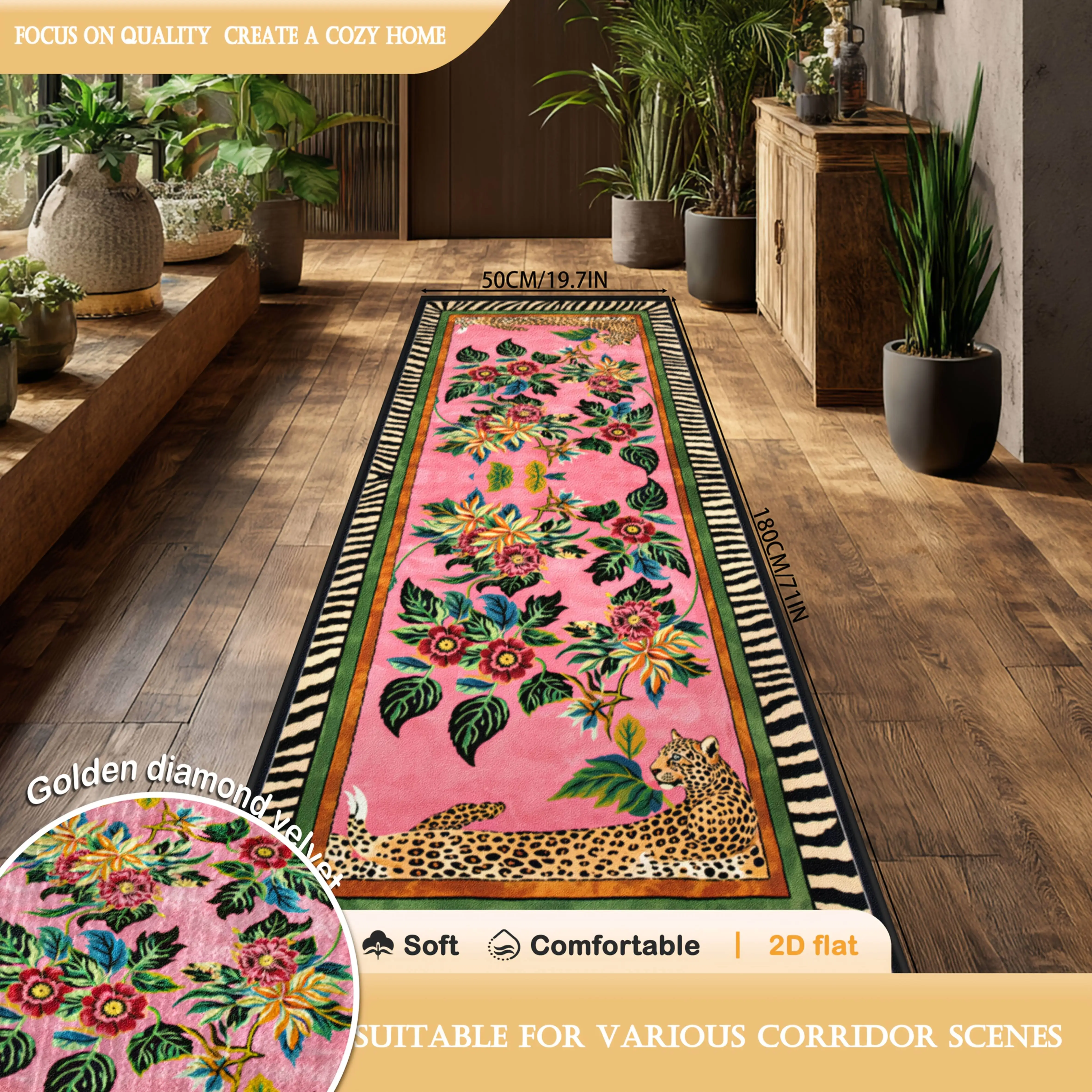 Boho Jungle Leopard Flower Zebra Edge Long Floor Runner Rug, Non-Slip Mat for Kitchen Entryway Bathroom Bright Exotic Decor