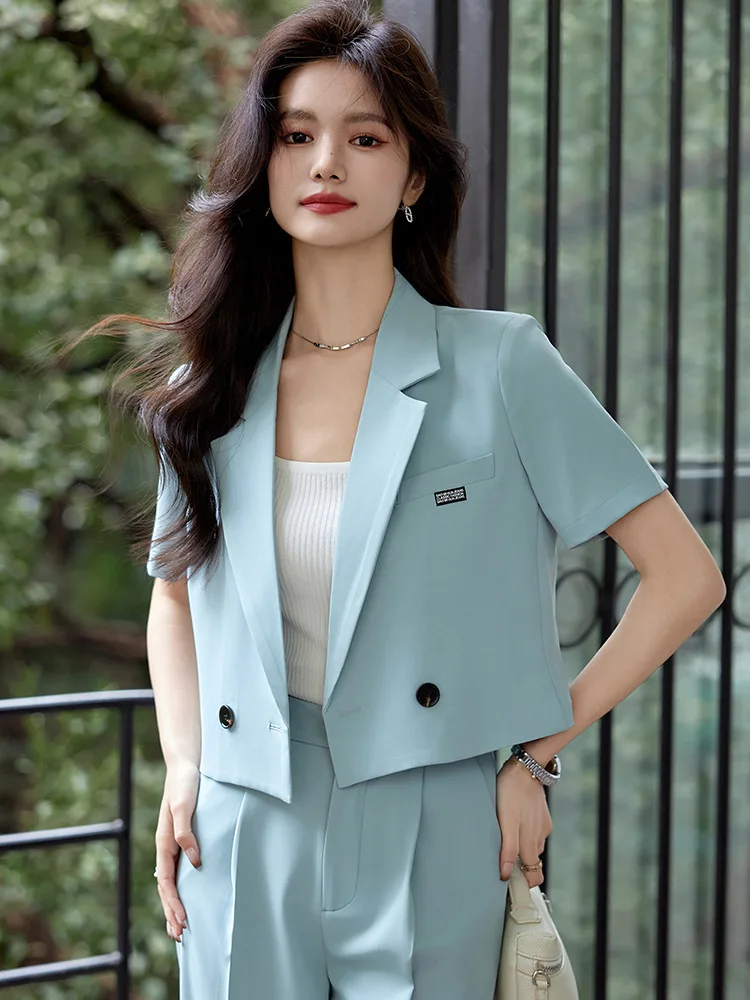 New Elegant Ladies Formal Suit Summer Black Blue White Business Work Wear ShortSleeve Short Blazer Top And Wide Leg Pants