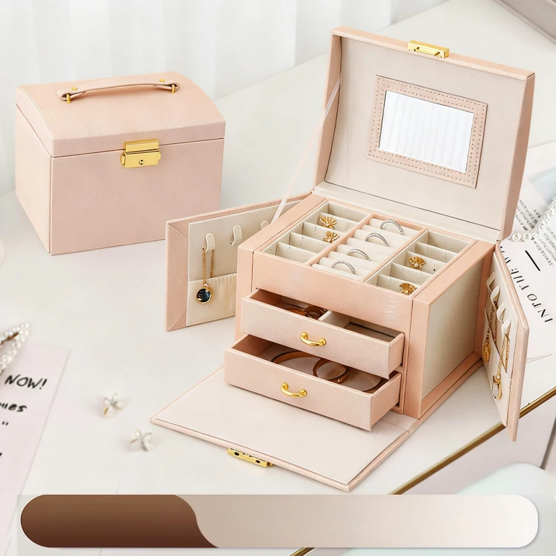 

Jewelry PU Leather Ring Necklace Box Mirror Storage Box Portable Case Bracelets Storage European Style Wedding Travel Leather