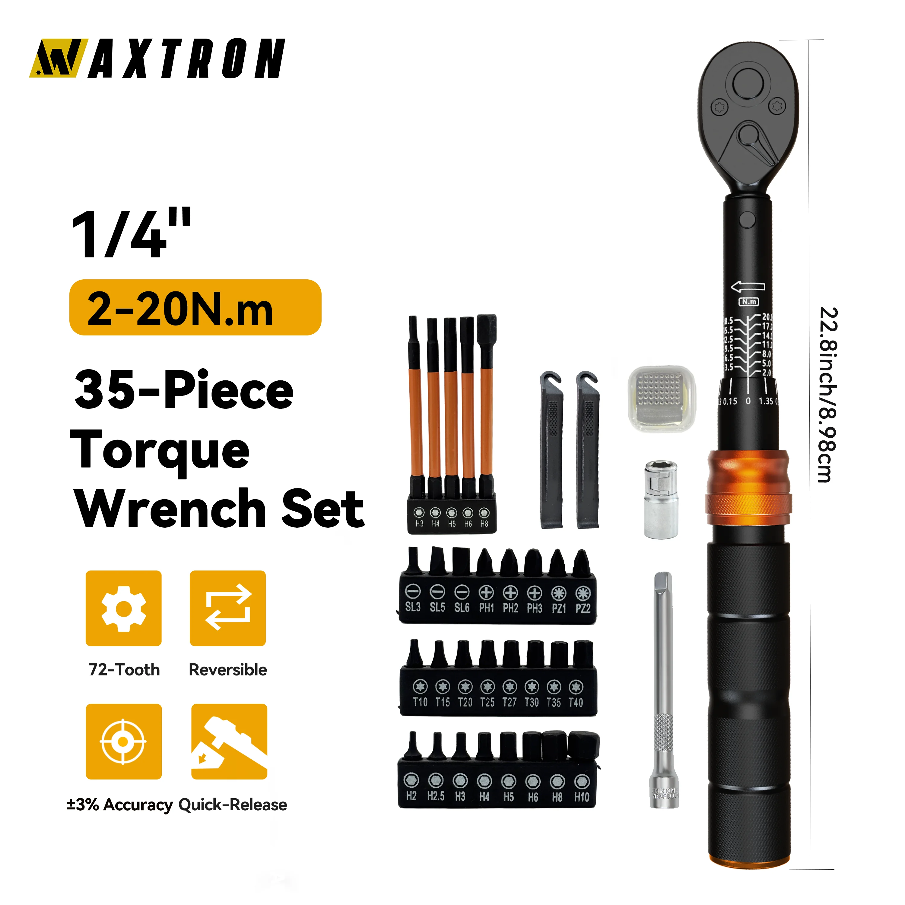 Waxtron 1/4‘’ Bicycle Torque Wrench 2-20N.m Hand Tools Portable 35Pcs Professional Torque Wrench For Bike (MTB) Cycling Repair