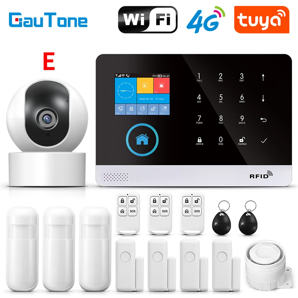 GauTone PG103 Tuya 4G 3G Alarm System GSM Home Security With IP Camera Wireless Solar Siren Support Alexa Smart Life