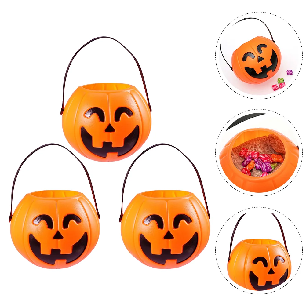 3 Pcs Pumpkin Bucket Halloween Candy Container Portable Plastic Trick Treat Pail