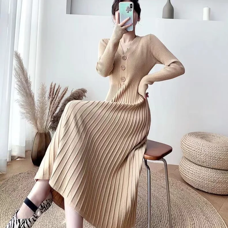 Women's Autumn Winter Dress 2023 New Fashion Elegant Waist Shrinking Bottom Long Sleeve Medium Length Sweater A-line Skirt