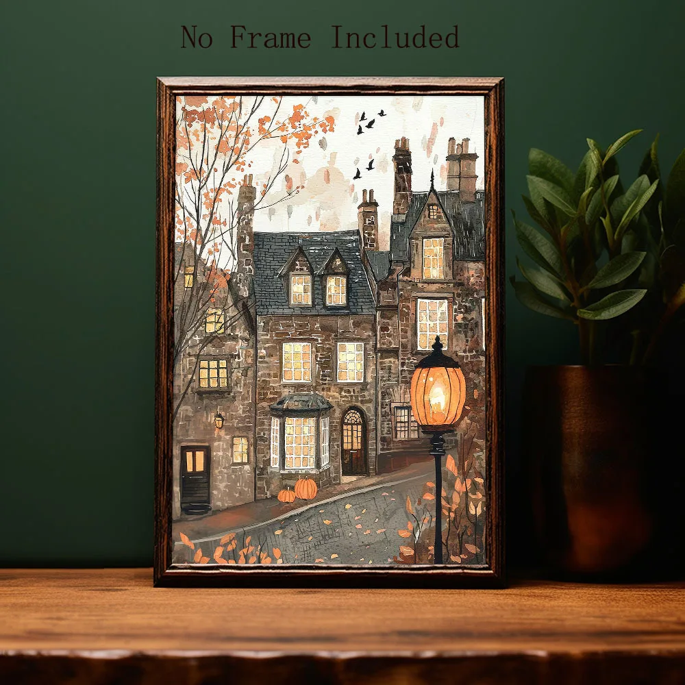 2D Flat, 2D Flat, One Unframed Canvas Featuring an Autumn Scene of Edinburgh, Perfect for Halloween Wall Decoration, Showcasi