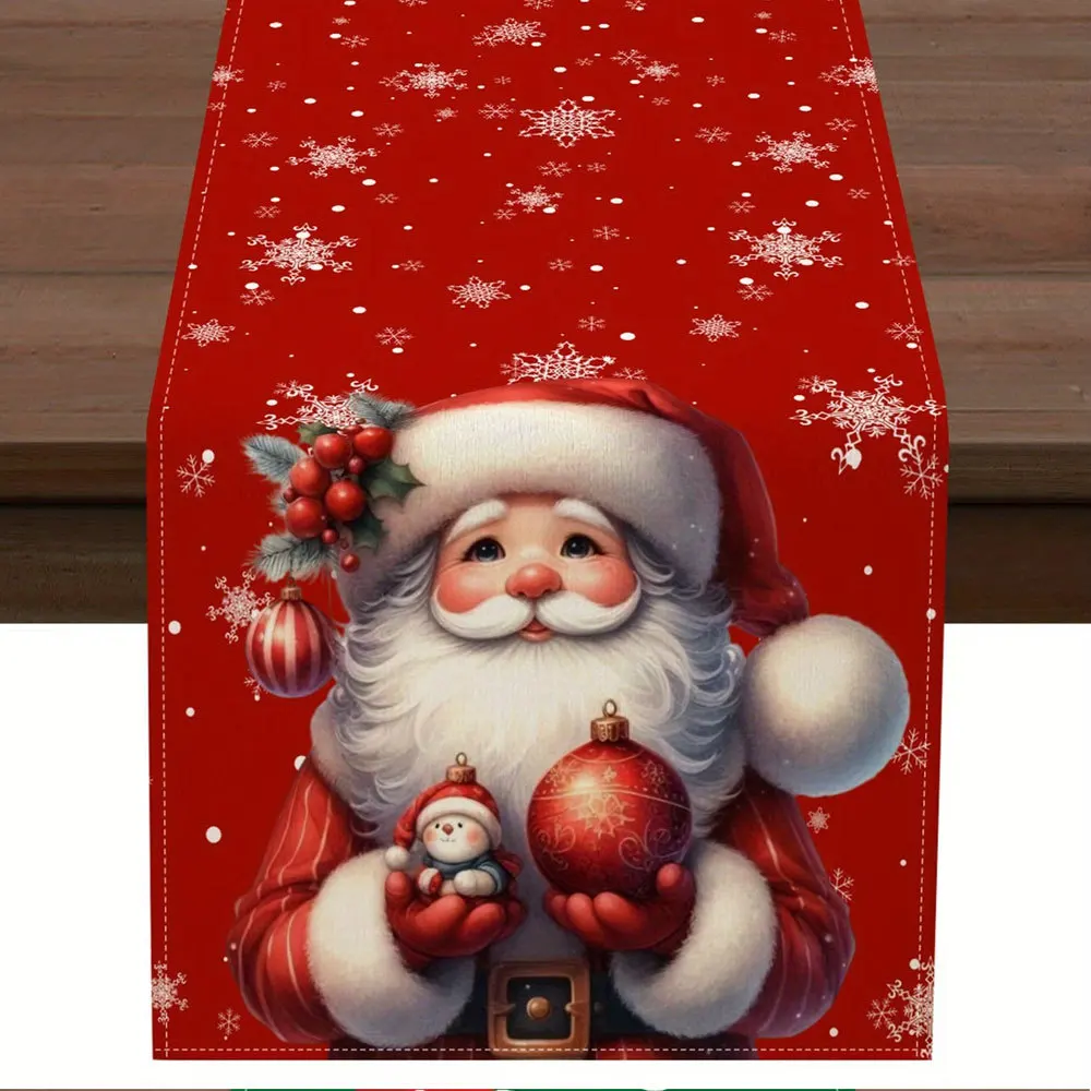 Linen Table Runner Merry Christmas Santa with Gift Pile on Red Snowflake  Family Holiday