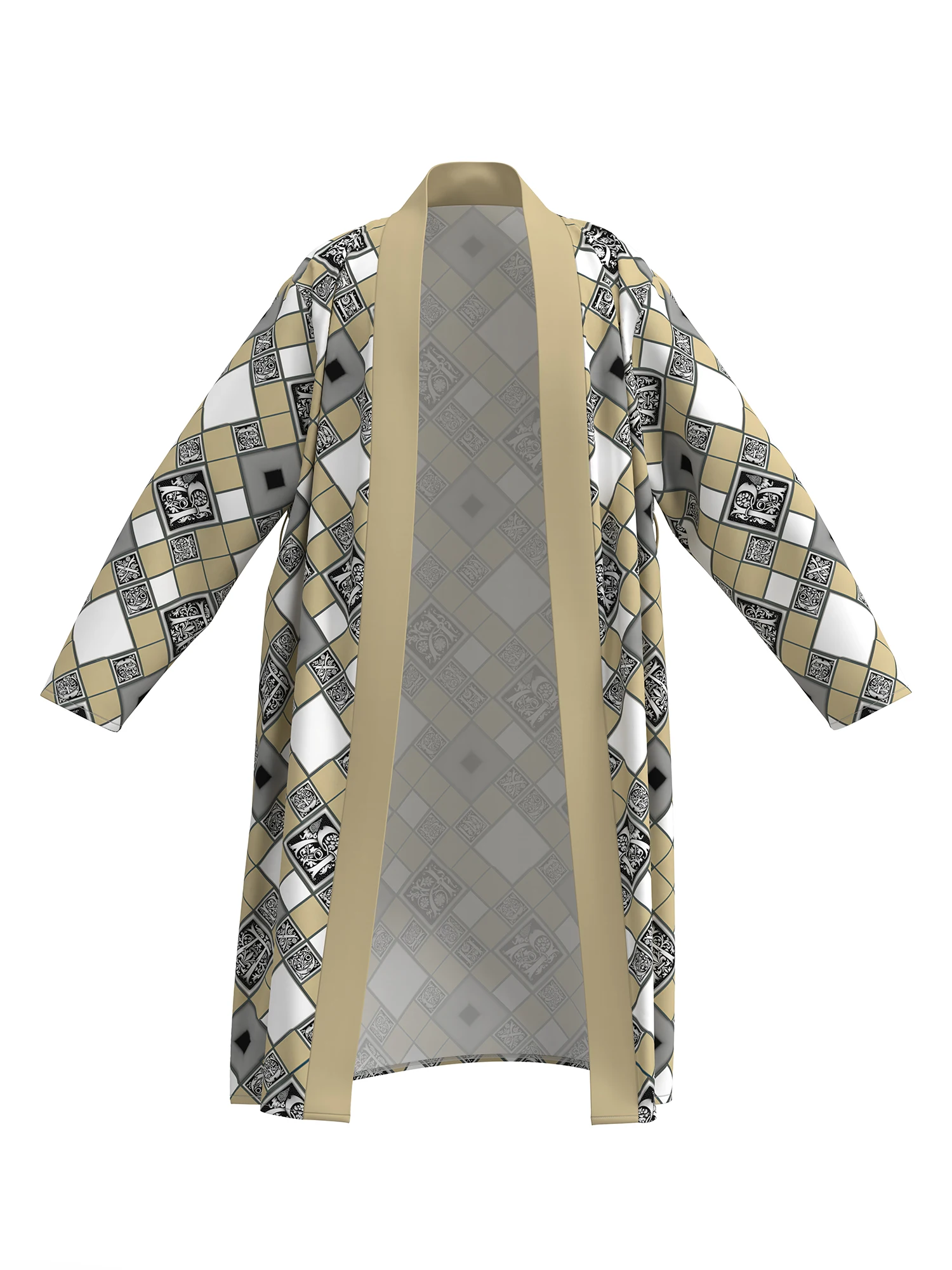 2026 spring and autumn new men's nightgown 3D digital printing retro beige square pattern non-fading home bathrobe long long-sle