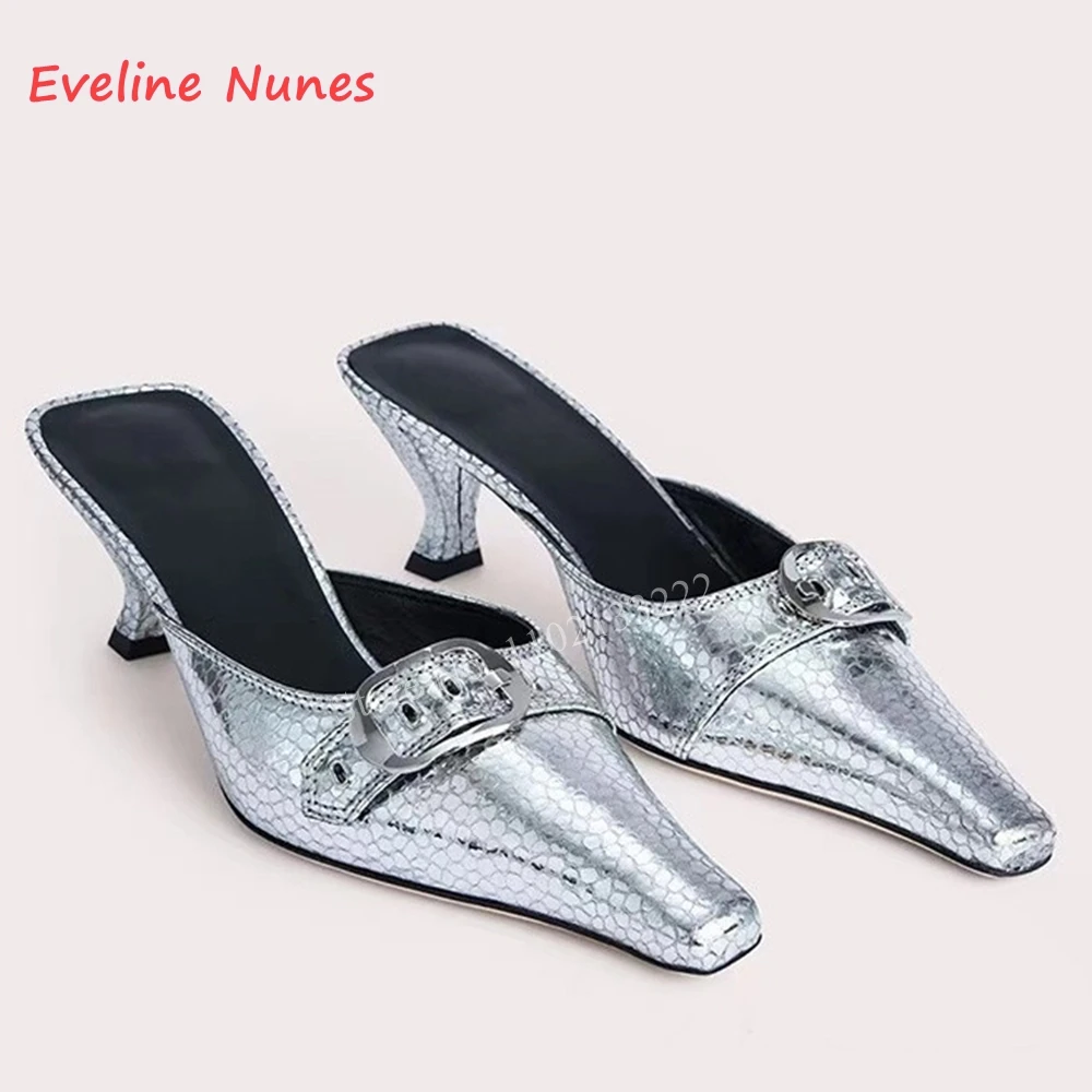 

Silver Buckled Stiletto Slippers Women's New Arrival Solid Summer Slip-on Leather Slow Heel Hollow Fashion Plus Size Sexy Shoes