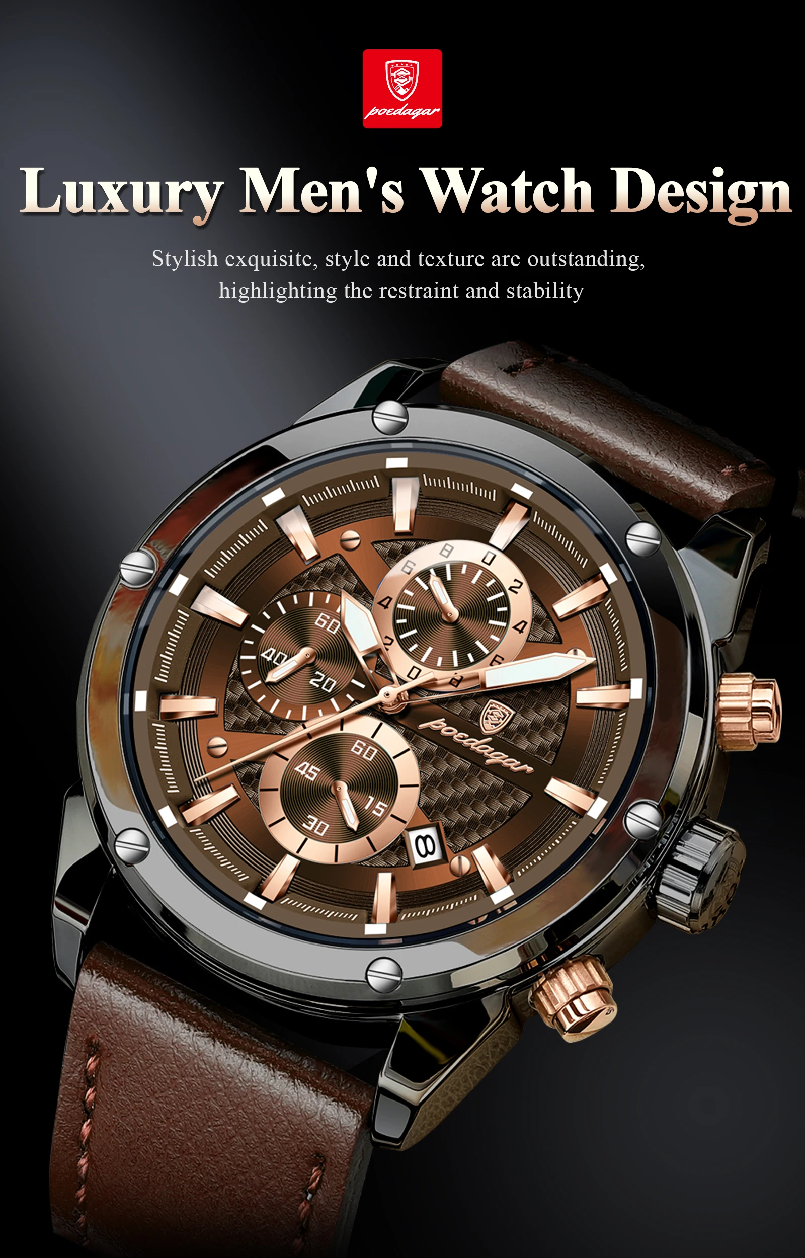 POEDAGAR High Quality Quartz Man Clock Waterproof Luminous Chronograph Date Men Wristwatch Leather Luxury Business Men's Watches