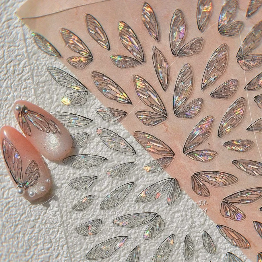 โปร่งใสสีชมพู Gradual Wing Feather Housefly ปีก Angel ดอกไม้ Star Jelly Rhinestones เงาเล็บสติ๊กเกอร์เล็บ Decals