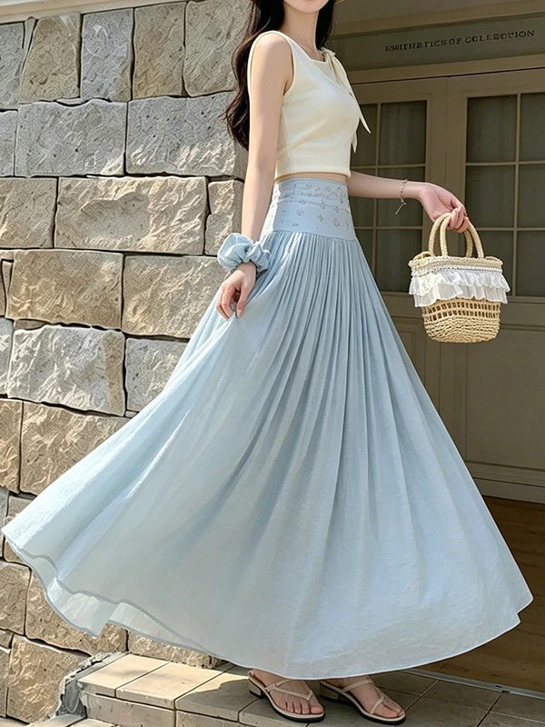 Dopamine Yellow Maxi Skirt Women's New 2026 Summer Beautiful Ultra Visually Attractive Preppy Style Linen Pleated Long Skirt