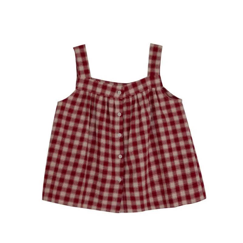 Mori Girl Style Retro Sweet Cotton Linen Plaid Tank Top Women 2024 Summer Loose Casual Single-breasted Shirt Sleeveless Blouse