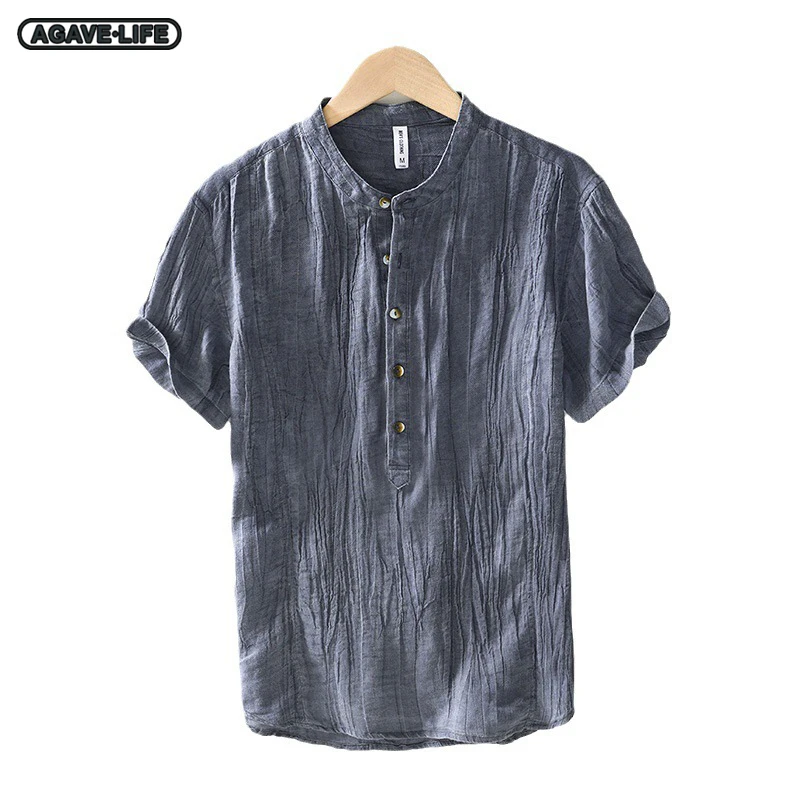 

Retro Wrinkled Ramie Men Shirt Summer Men Solid Color Shirt Casual Loose Stand-up Collar Short-sleeve Shirt Men Comfortable Top