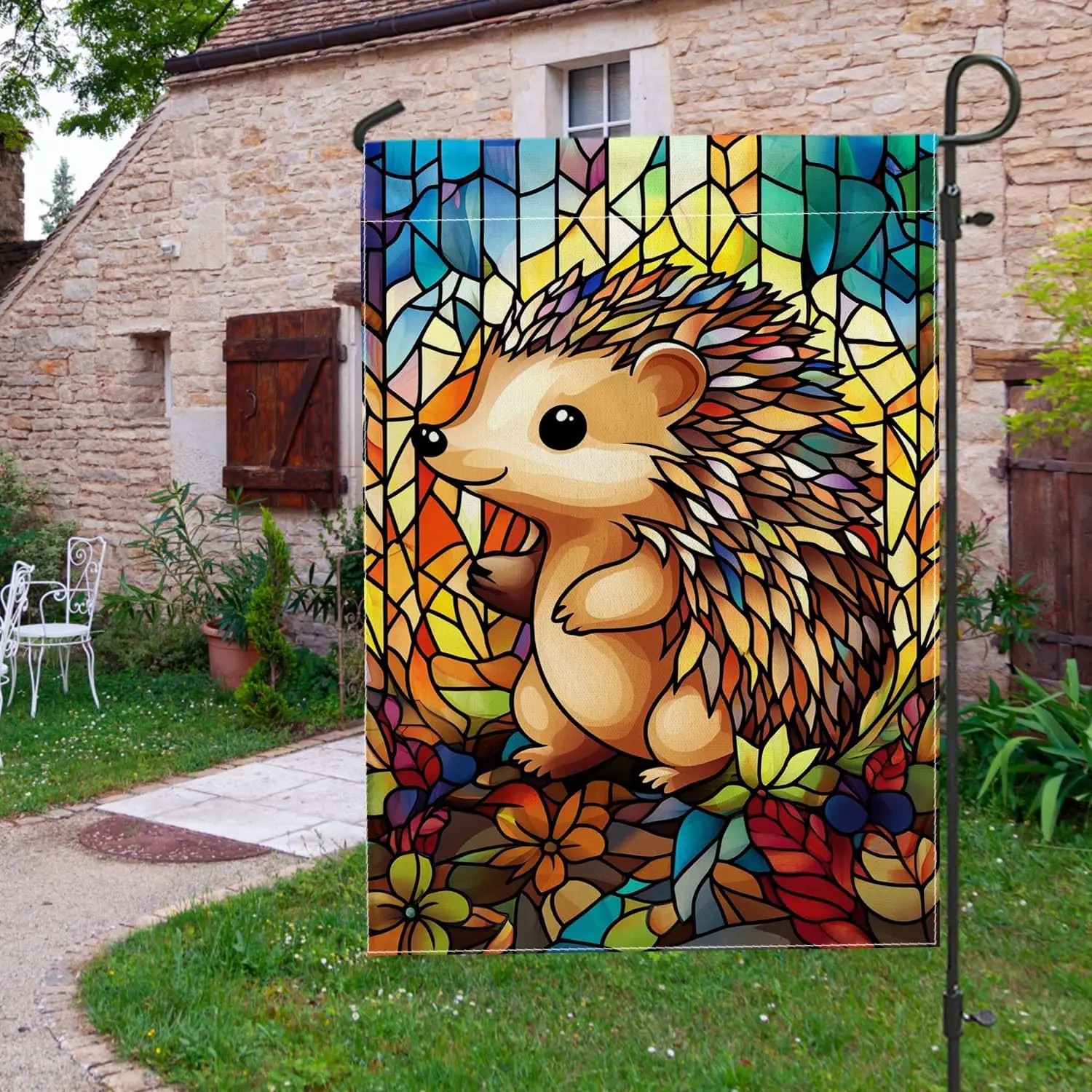 Colorful Stained Glass Hedgehog Garden Flag, Vibrant Fall Decor Outdoor Flag, Double Sided Yard Decoration for Home and Gard zzo