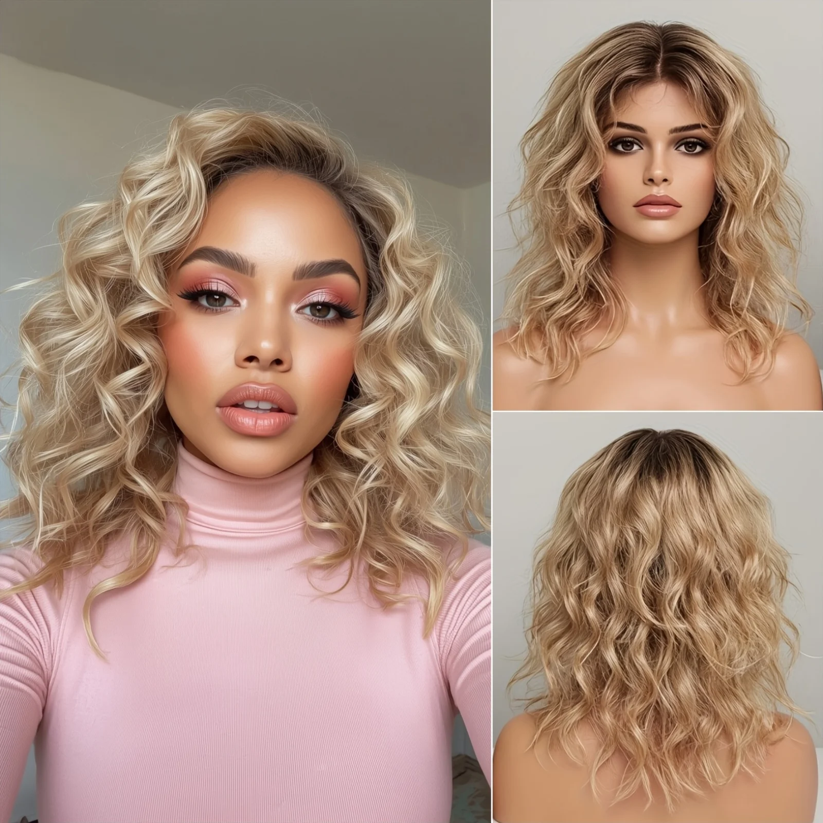 An aesthetically pleasing curly wig featuring a gradient honey gold lace front design, specifically crafted for women.