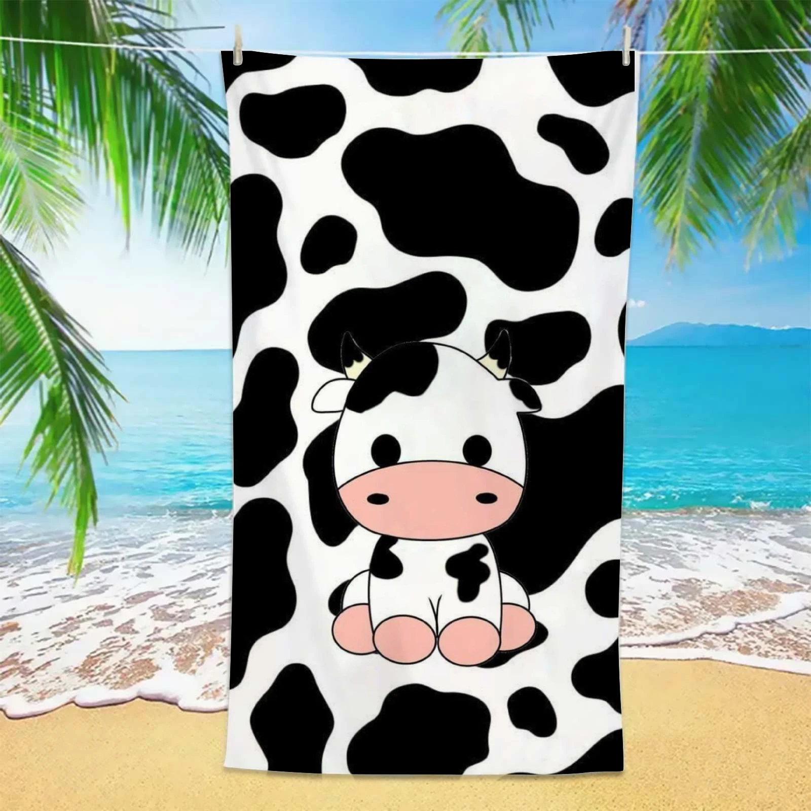 1 Stück Milchkuh-Strandtuch, 3D-gedrucktes Mikrofaser-Strandtuch, weich, wasserabsorbierend, atmungsaktiv, Badetücher, Geschenk für Kinder, Cartoon-Strandtücher