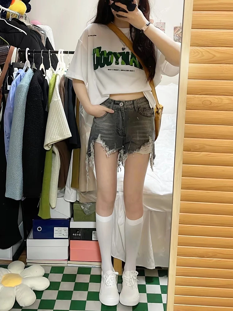 

Summer Thin High Waist Denim orts Women's plus Size Sexy A-Line Skirts High Waist Straight Leg Jeans ort Length